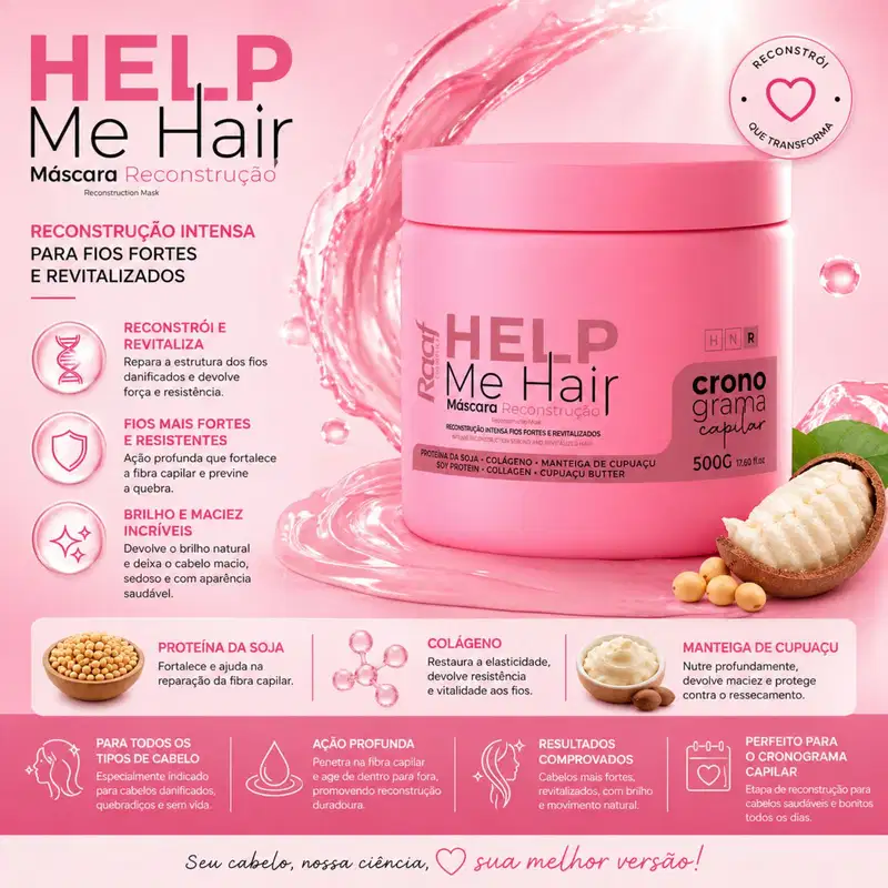 Kit Cronograma Capilar Help Me Hair Máscara Hidratação, Nutrição e Reconstrução Raaf Cosmetics - 500g