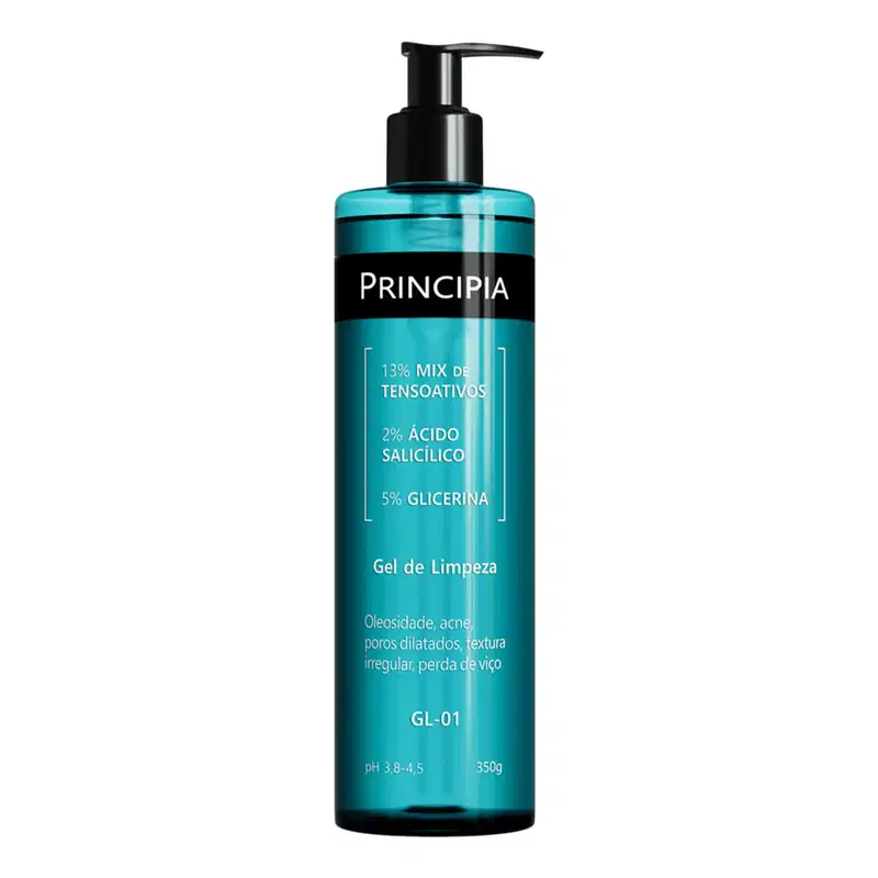 Gel de limpeza Principia em embalagem preta e azul com informações sobre sua composição, incluindo 13% de mix de tensoativos, 2% de ácido salicílico e 5% de glicerina, para tratar oleosidade, acne e poros dilatados.