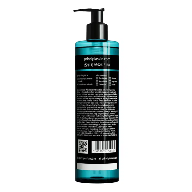 Gel de limpeza Principia em embalagem preta e azul com informações sobre sua composição, incluindo 13% de mix de tensoativos, 2% de ácido salicílico e 5% de glicerina, para tratar oleosidade, acne e poros dilatados.