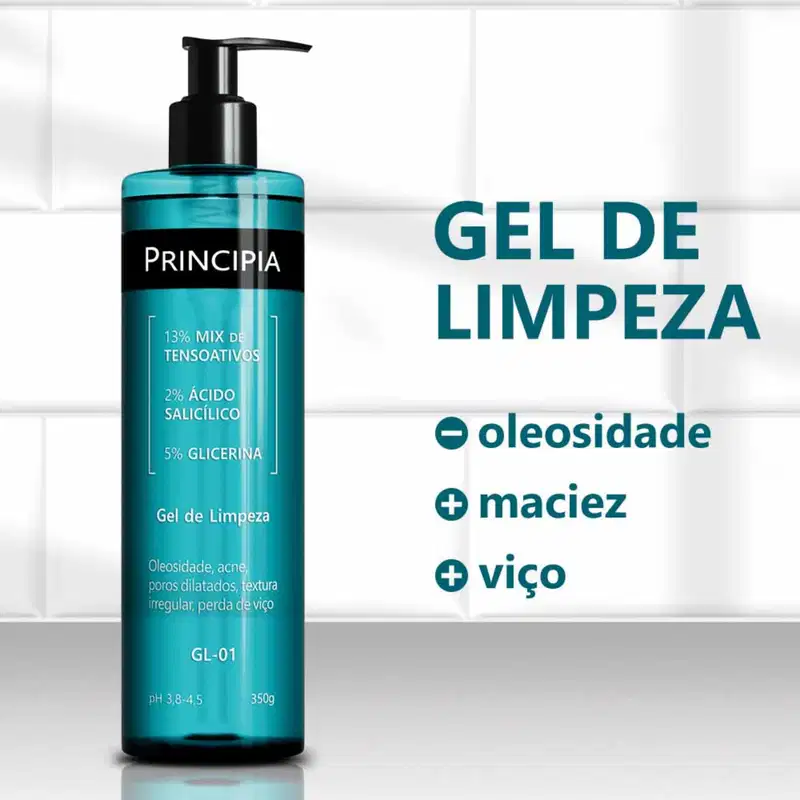 Gel de limpeza Principia em embalagem preta e azul com informações sobre sua composição, incluindo 13% de mix de tensoativos, 2% de ácido salicílico e 5% de glicerina, para tratar oleosidade, acne e poros dilatados.