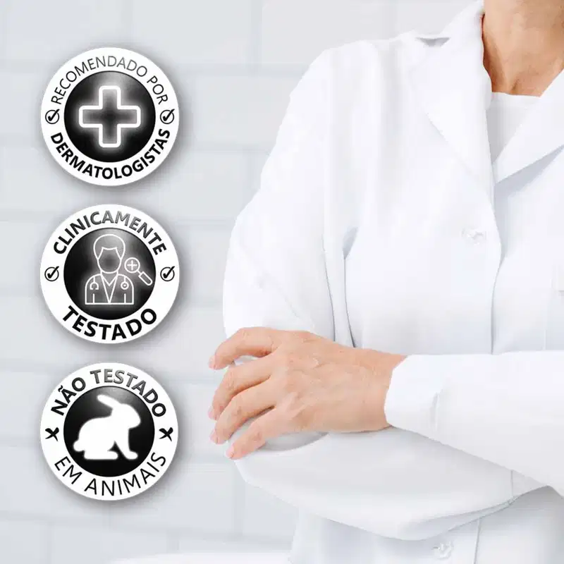 Ambiente clínico com símbolos de dermatologistas e testes em animais. Profissional de saúde vestido de branco, sugerindo um contexto médico relacionado a produtos de beleza da marca Principia.