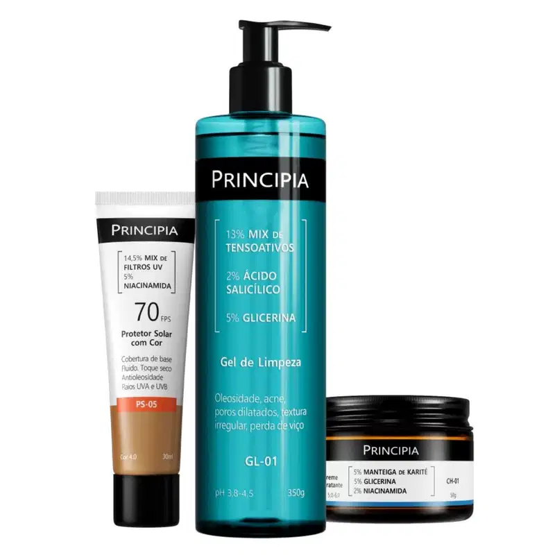 Produtos de beleza da marca Principia: protetor solar com FPS 70, gel de limpeza com tensoativos e ácido salicílico, e creme hidratante com manteiga de karité e glicerina.