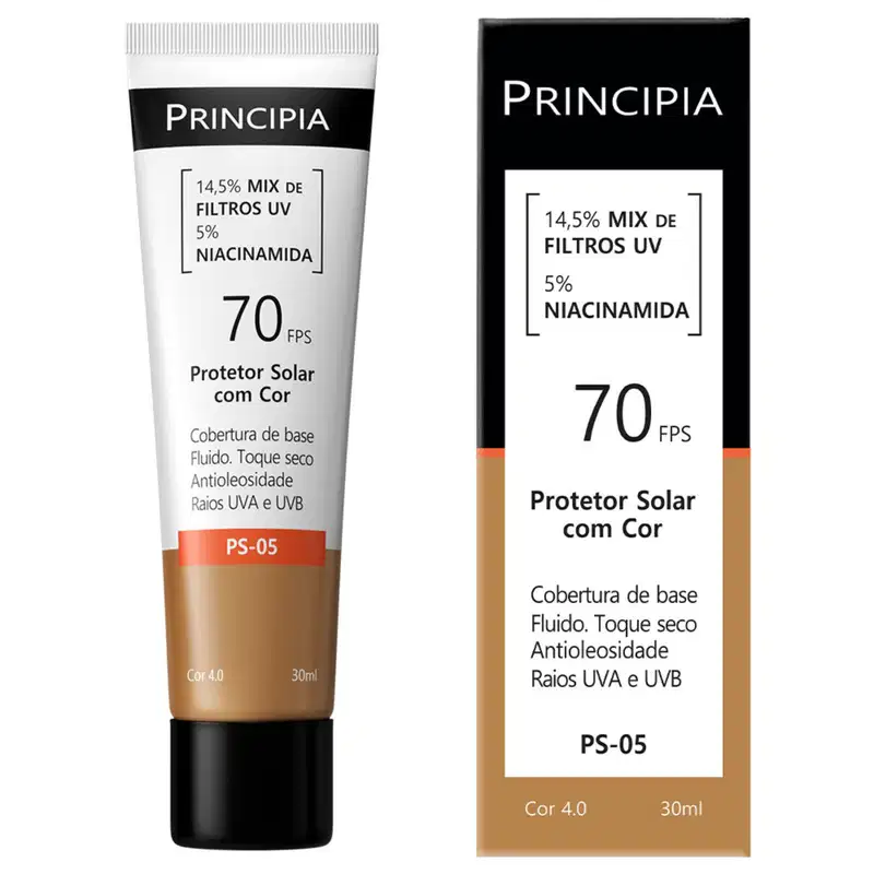 Protetor solar da marca Principia, com FPS 70, contendo 14,5% de mix de filtros UV e 5% de niacinamida. Embalagem em tubo plástico branco e preto, com informações sobre o produto impressas.