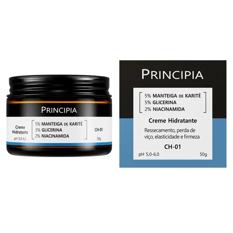 Creme hidratante Principia em embalagem preta com rótulo destacando os ingredientes: 5% manteiga de karité, 5% glicerina e 2% niacinamida. O produto é apresentado em pote de 50g com pH entre 5,0-6,0.
