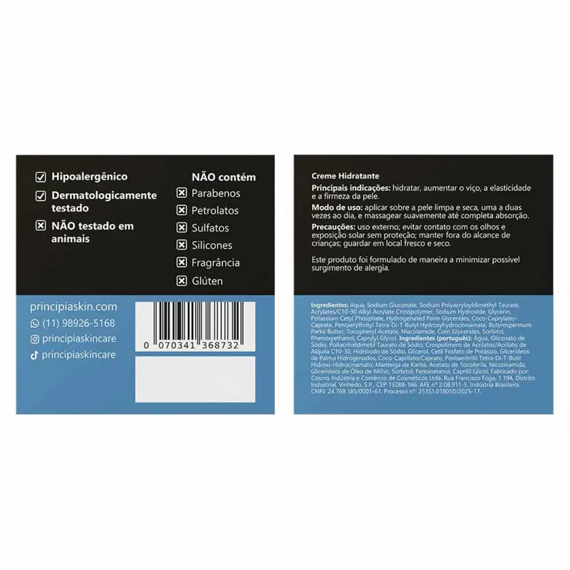 Creme hidratante Principia em embalagem preta com rótulo destacando os ingredientes: 5% manteiga de karité, 5% glicerina e 2% niacinamida. O produto é apresentado em pote de 50g com pH entre 5,0-6,0.