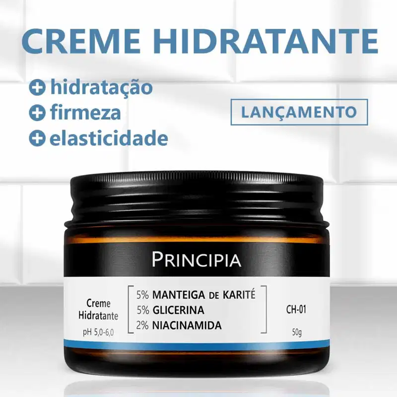 Creme hidratante Principia em embalagem preta com rótulo destacando os ingredientes: 5% manteiga de karité, 5% glicerina e 2% niacinamida. O produto é apresentado em pote de 50g com pH entre 5,0-6,0.