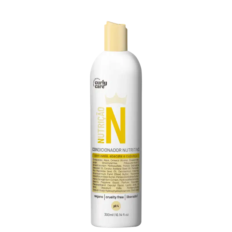 Condicionador nutritivo Curly Care N em embalagem plástica branca de 300ml. A embalagem tem detalhes em amarelo e uma coroa estilizada. O rótulo indica que é um condicionador vegano, livre de crueldade e com pH 4.