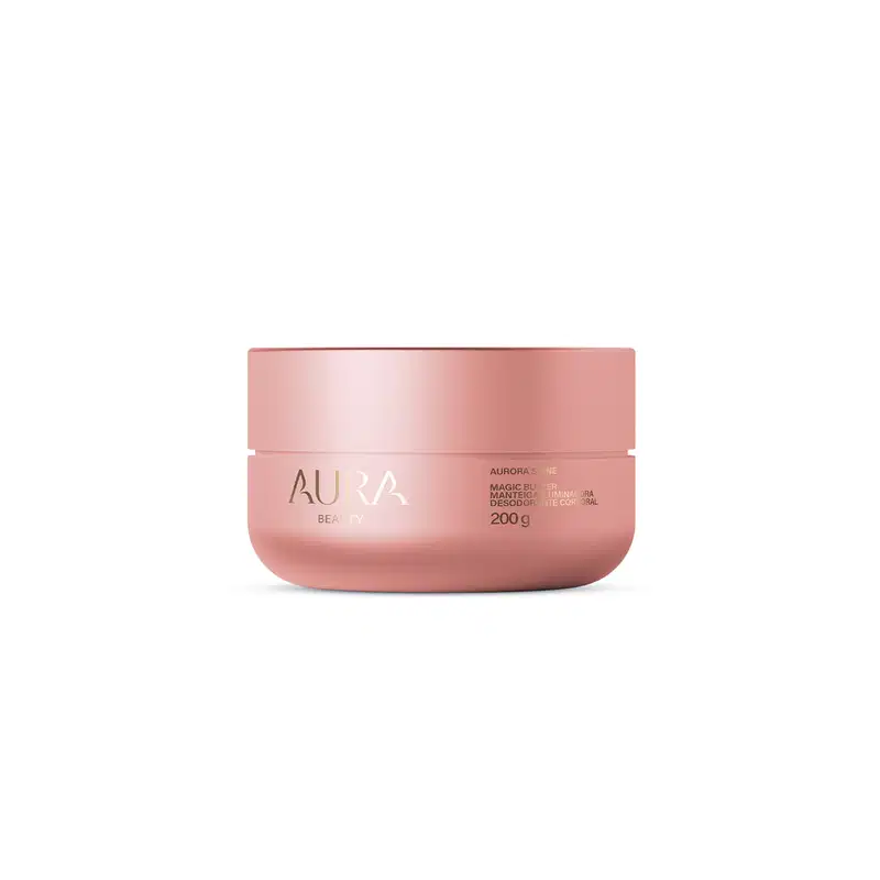 Pote rosa de 200g da linha Aura Beauty, contendo a descrição "Magic Butter Moisturizing Cream" em sua embalagem. O produto apresenta um design minimalista e elegante, com a marca Aura Beauty destacada em letras douradas.
