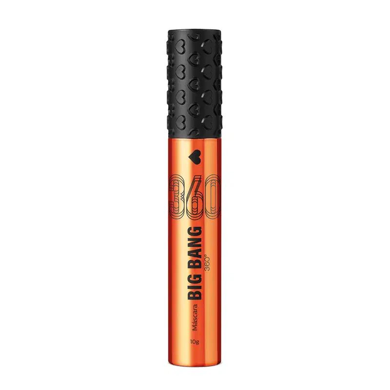 Frasco laranja de máscara de cílios Big Bang fechado em formato cilíndrico e pequeno, com uma tampa preta e texto em preto no corpo da embalagem.