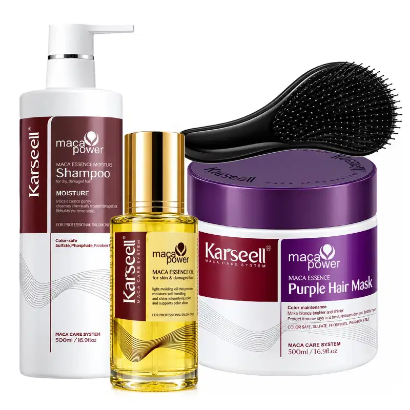 Kit Karseell Maca Power Shampoo 500ml + Máscara Matizadora Purple 500ml + Óleo 50ml + Escova