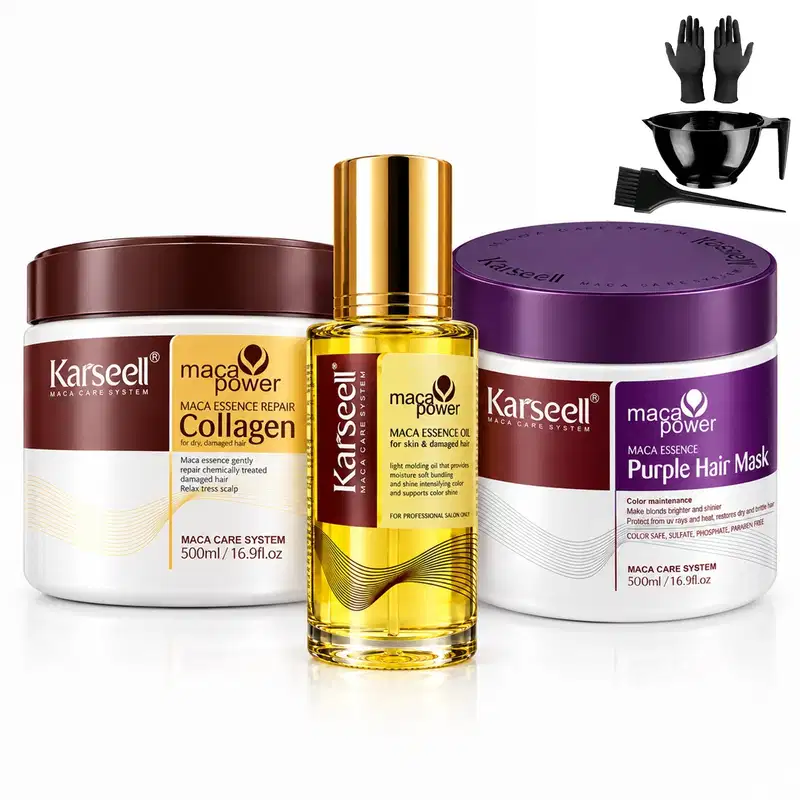Kit Karseell Hidratação Capilar Máscara Collagen 500ml + Matizadora Purple 500ml + Óleo 50ml