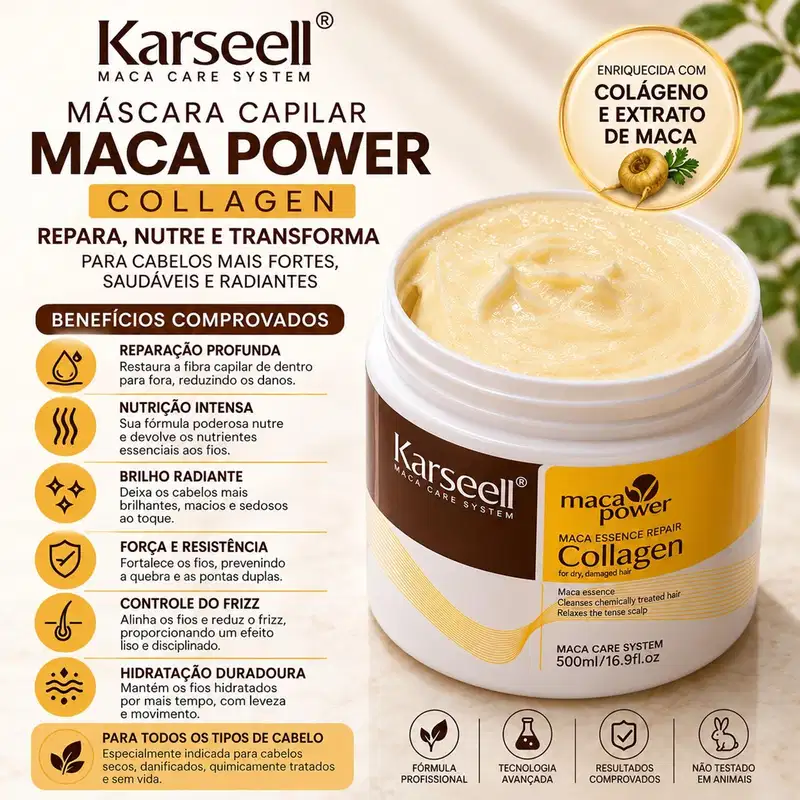 Kit Karseell Botox Collagen BTX 500ml + Máscara Collagen 500ml + Óleo Maca Power 50ml