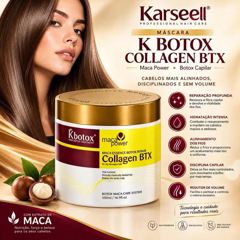 Kit Karseell Botox Collagen BTX 500ml + Máscara Collagen 500ml + Óleo Maca Power 50ml