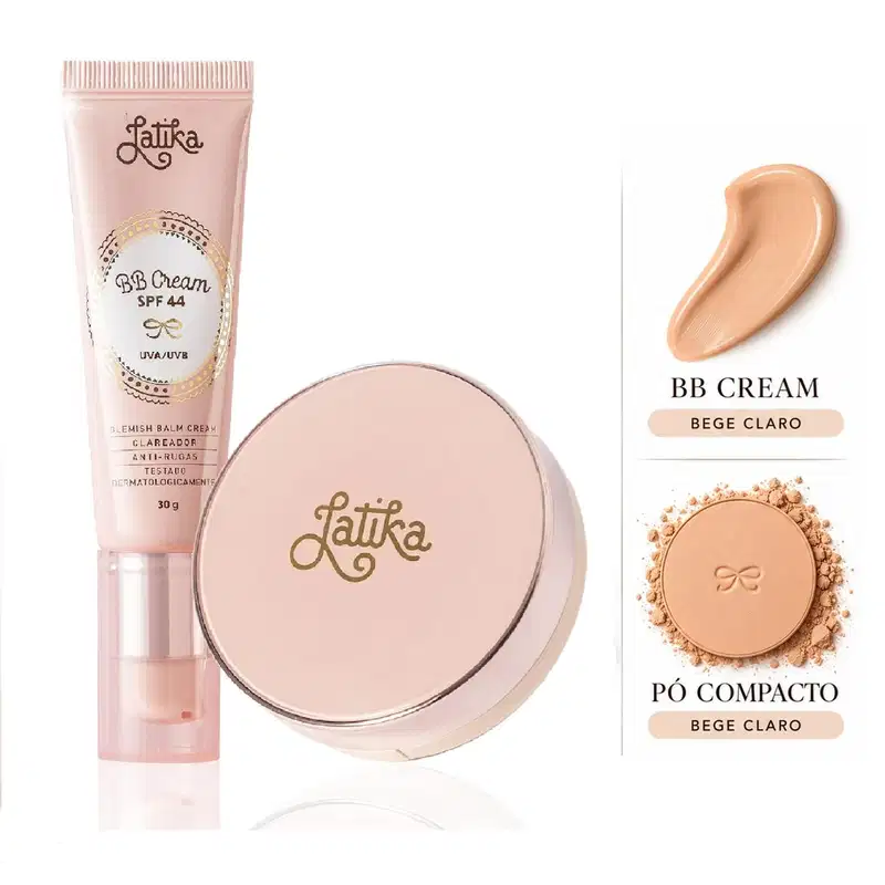 Kit Maquiagem Latika BB Cream FPS 44 + Pó Compacto Powder FPS 30 Maquiagem Facial Cor Bege Claro