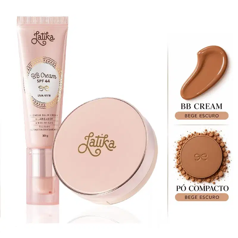 Kit Maquiagem Latika BB Cream FPS 44 + Pó Compacto Powder FPS 30 Maquiagem Facial Cor Bege Escuro