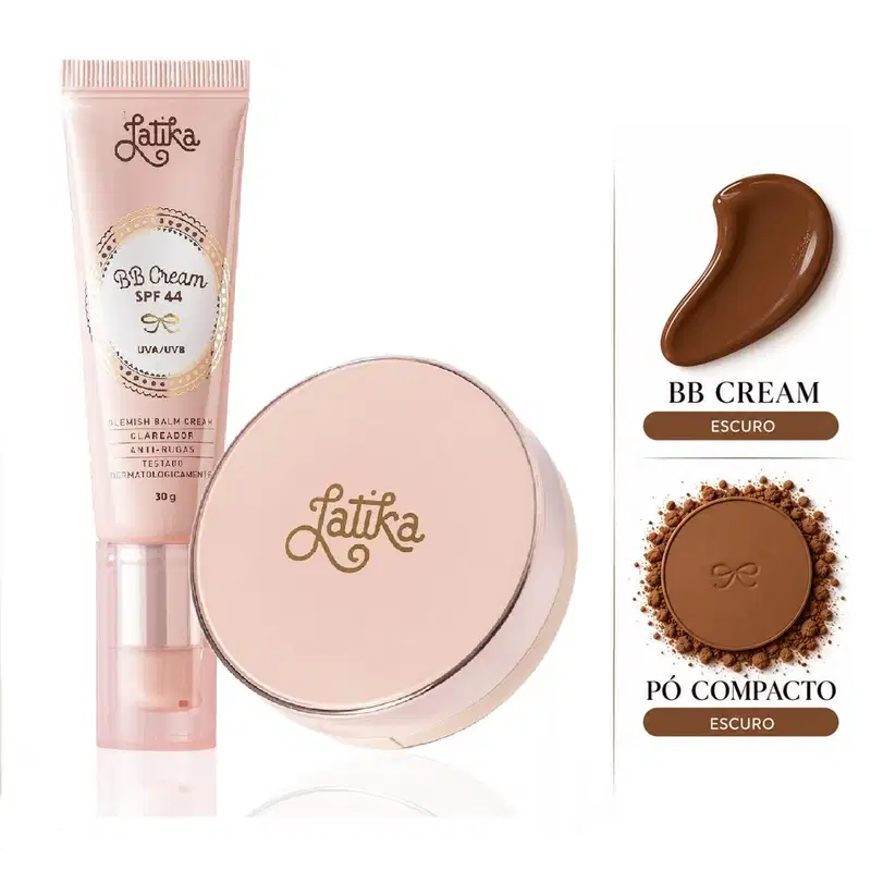 Kit Maquiagem Latika BB Cream FPS 44 + Pó Compacto Powder FPS 30 Maquiagem Facial Cor Escuro