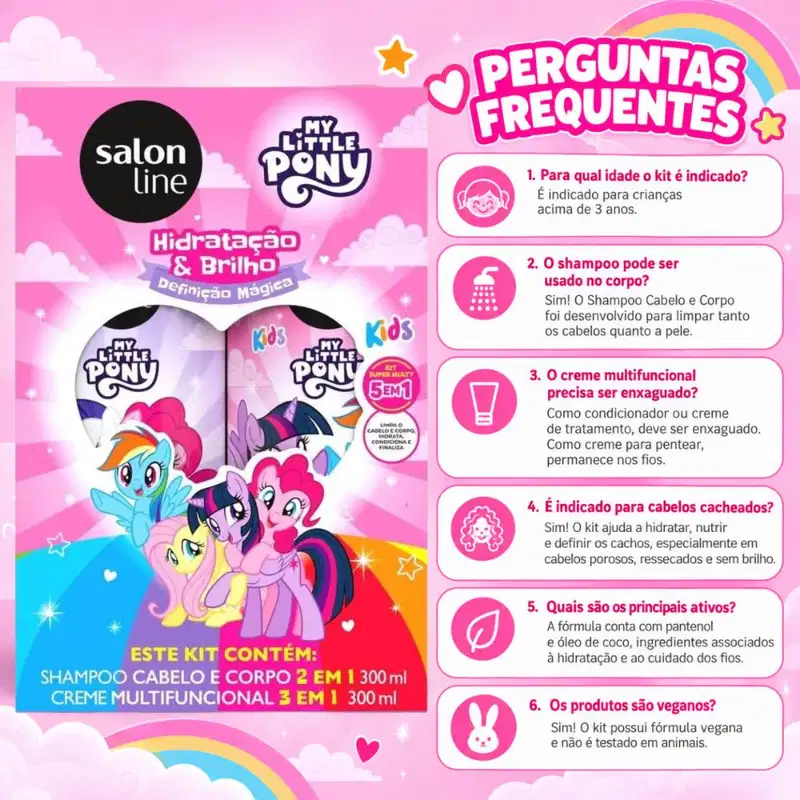 Kit Salon Line Kids My Little Pony: Shampoo Cabelo e Corpo e Creme Multifuncional 300ml