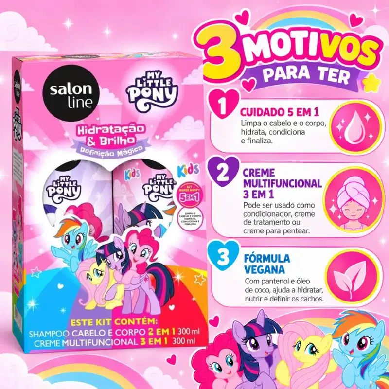 Kit Salon Line Kids My Little Pony: Shampoo Cabelo e Corpo e Creme Multifuncional 300ml