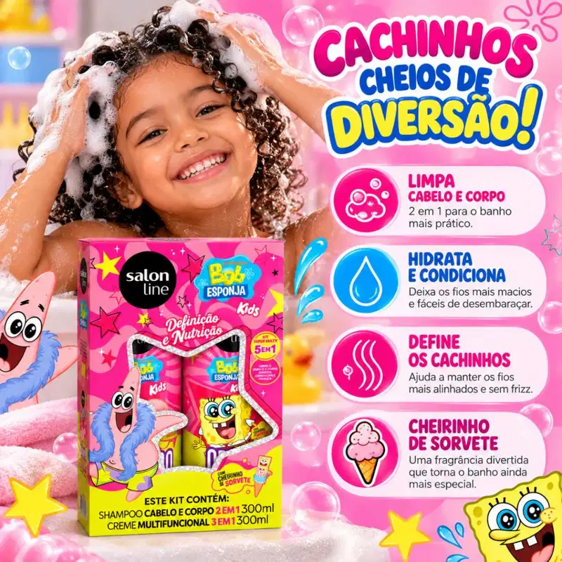 Kit Salon Line Kids Bob Esponja Patrick: Shampoo Cabelo e Corpo e Creme Multifuncional 300ml