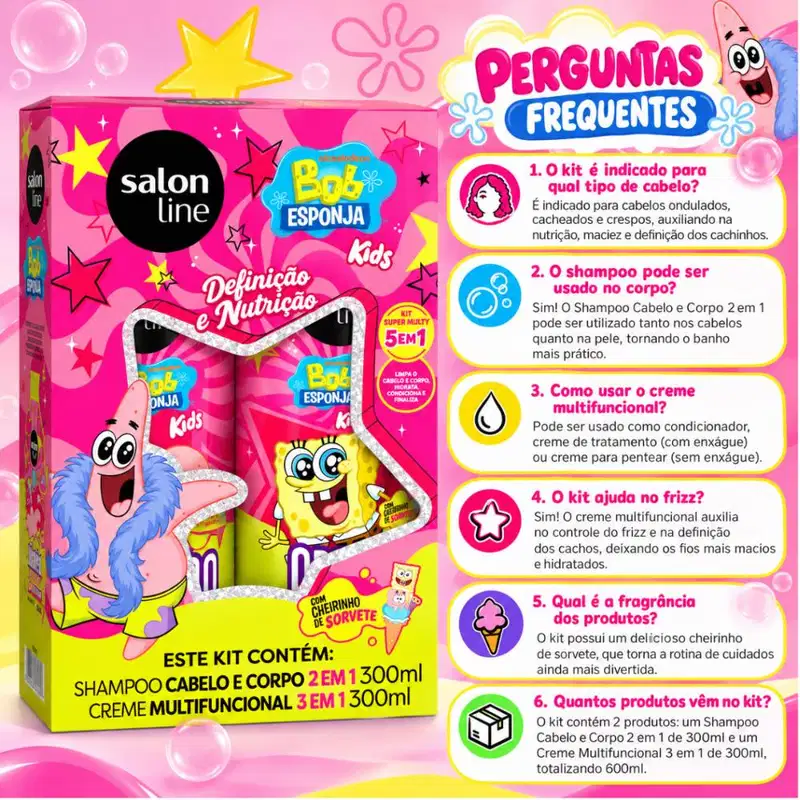 Kit Salon Line Kids Bob Esponja Patrick: Shampoo Cabelo e Corpo e Creme Multifuncional 300ml