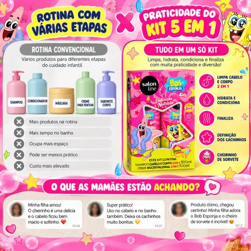 Kit Salon Line Kids Bob Esponja Patrick: Shampoo Cabelo e Corpo e Creme Multifuncional 300ml