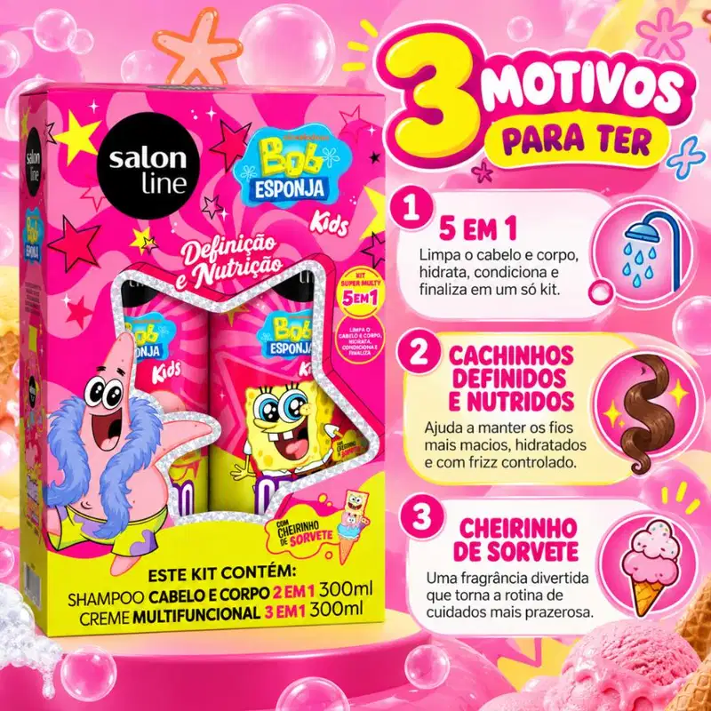 Kit Salon Line Kids Bob Esponja Patrick: Shampoo Cabelo e Corpo e Creme Multifuncional 300ml
