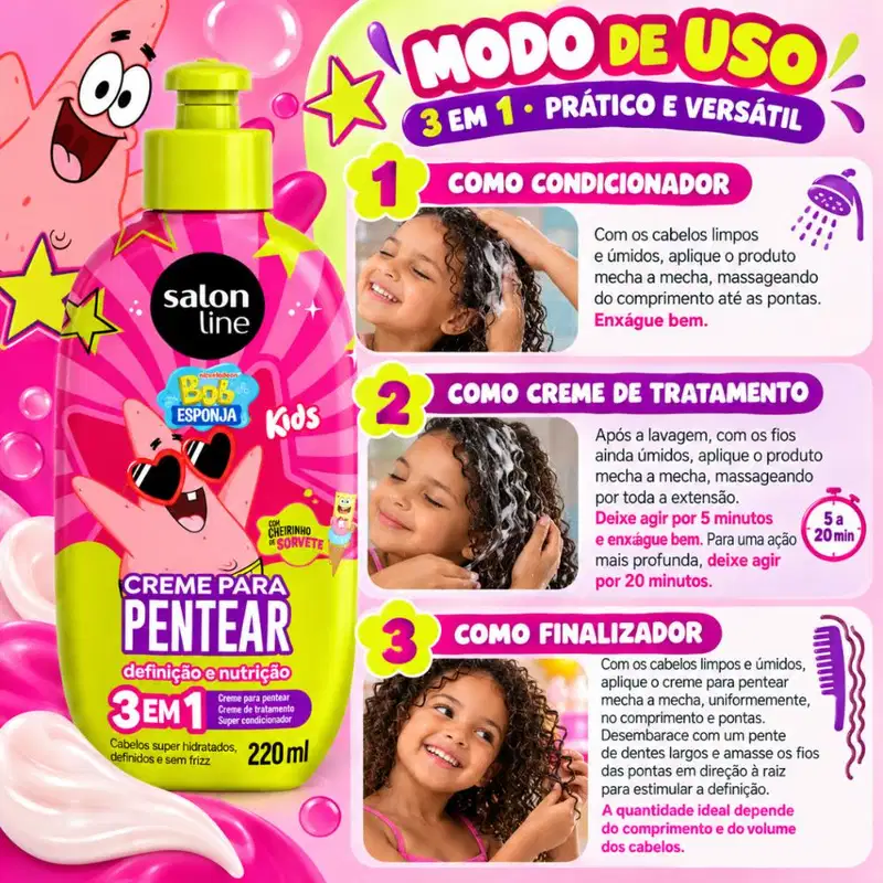 Creme Para Pentear 3 Em 1 Salon Line Kids Bob Esponja Patrick 220ml