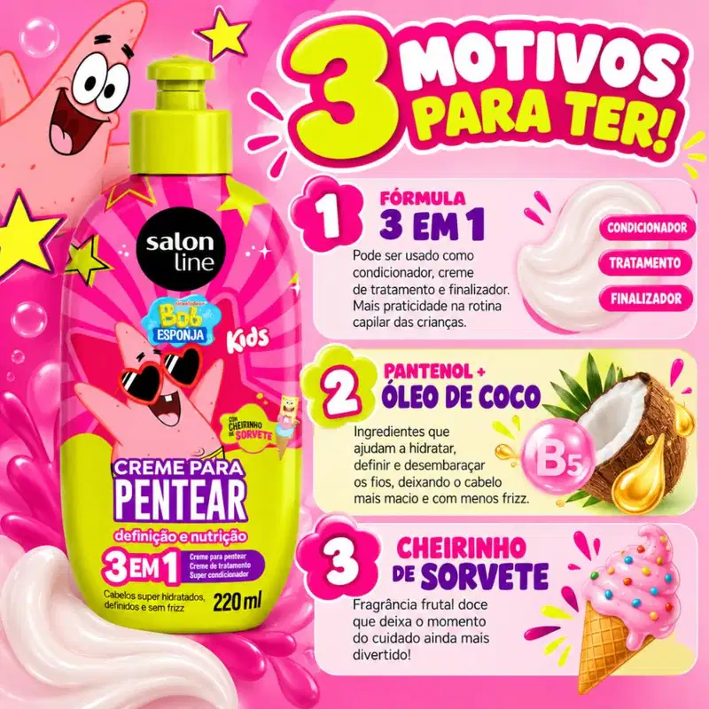 Creme Para Pentear 3 Em 1 Salon Line Kids Bob Esponja Patrick 220ml