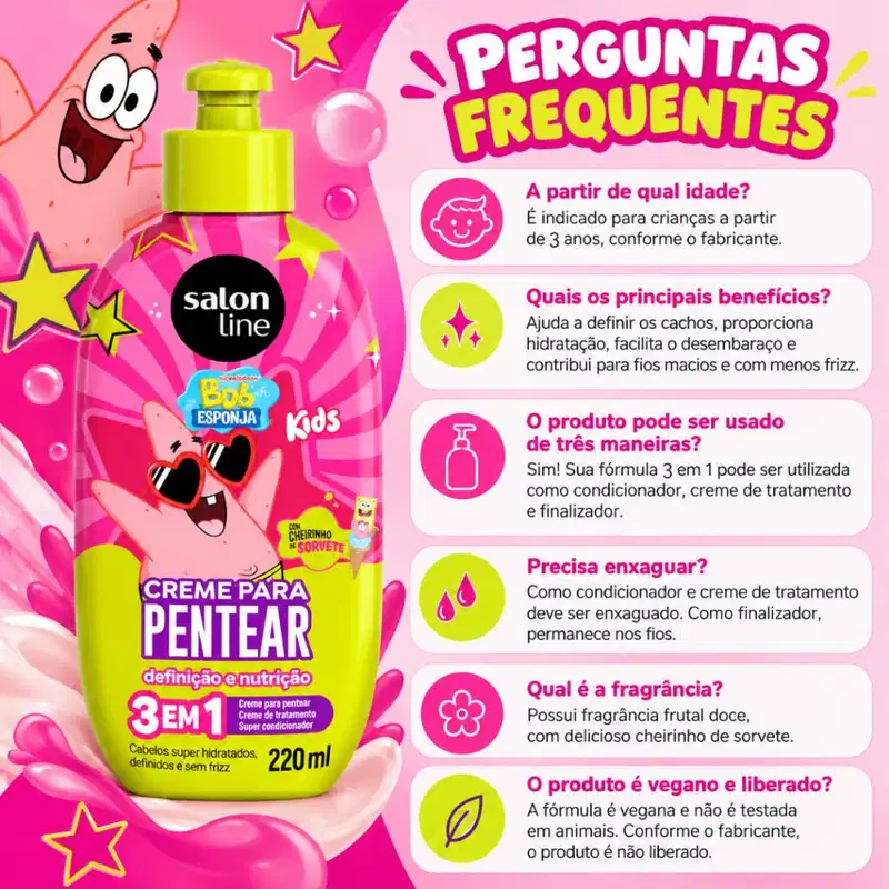 Creme Para Pentear 3 Em 1 Salon Line Kids Bob Esponja Patrick 220ml