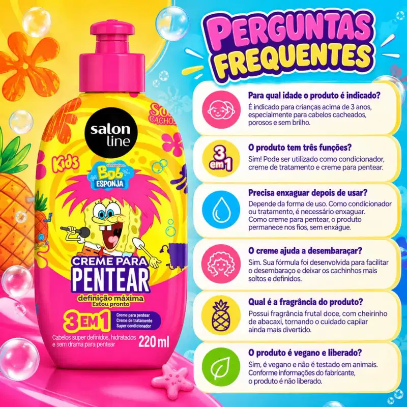 Creme Para Pentear 3 Em 1 Salon Line Kids Bob Esponja Sos Cachos Definição Máxima 220ml
