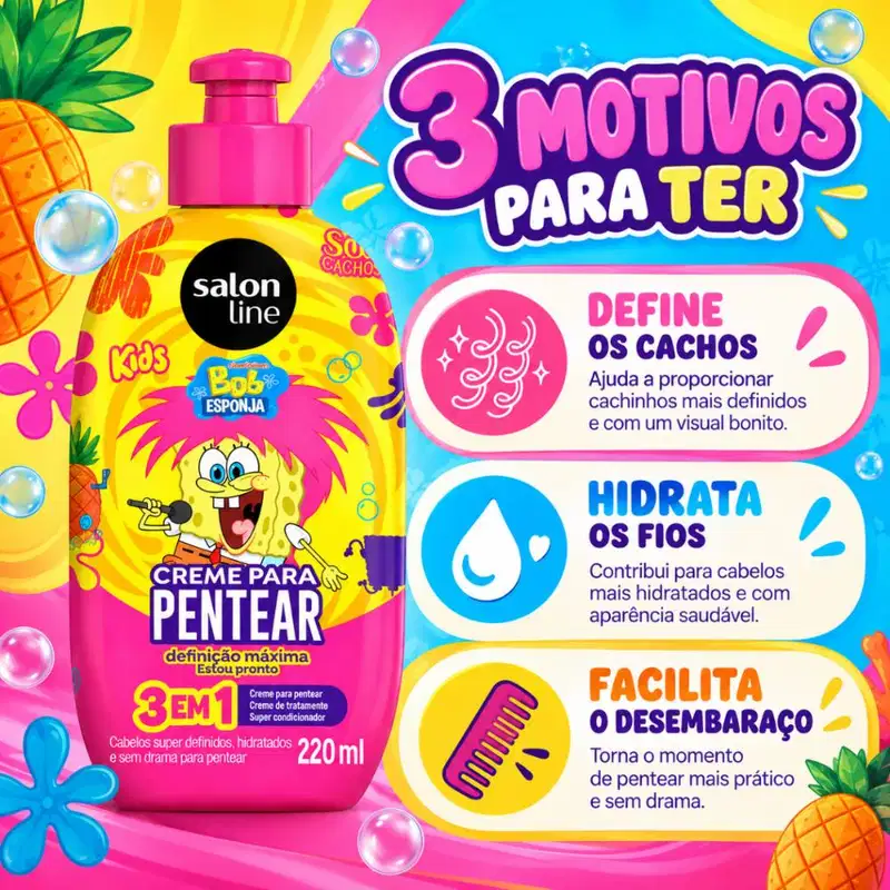 Creme Para Pentear 3 Em 1 Salon Line Kids Bob Esponja Sos Cachos Definição Máxima 220ml