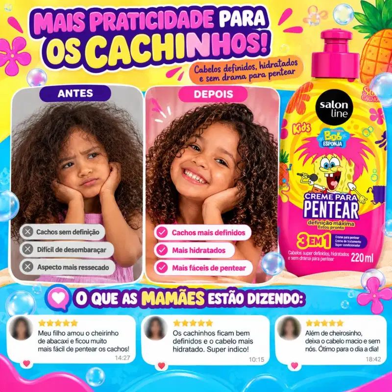 Creme Para Pentear 3 Em 1 Salon Line Kids Bob Esponja Sos Cachos Definição Máxima 220ml