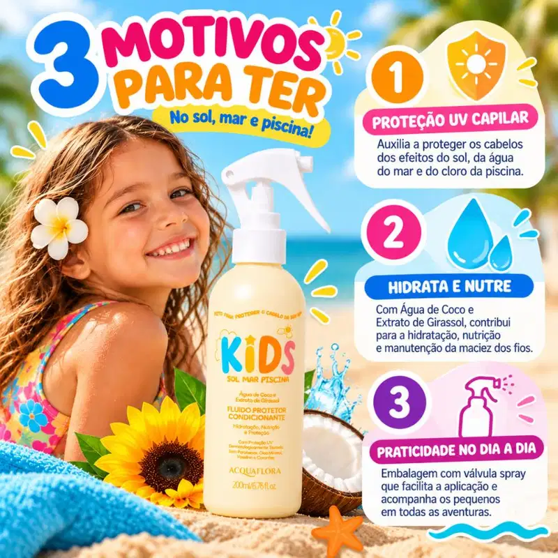 Fluido Protetor Condicionante Acquaflora Kids Sol Mar Piscina 200ml