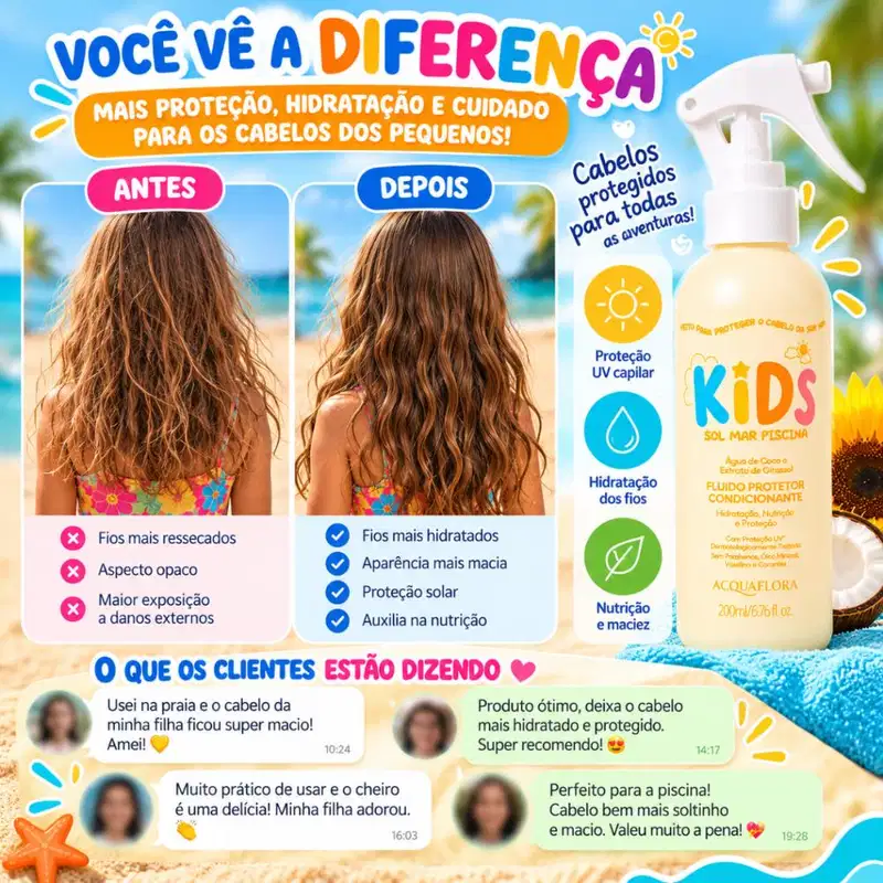 Fluido Protetor Condicionante Acquaflora Kids Sol Mar Piscina 200ml