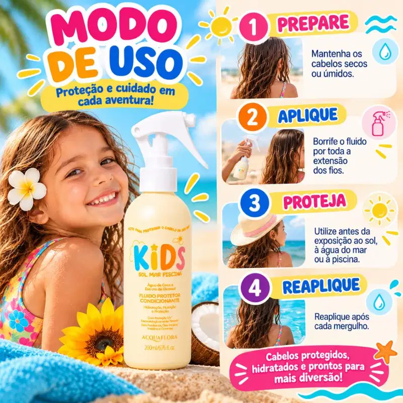 Fluido Protetor Condicionante Acquaflora Kids Sol Mar Piscina 200ml