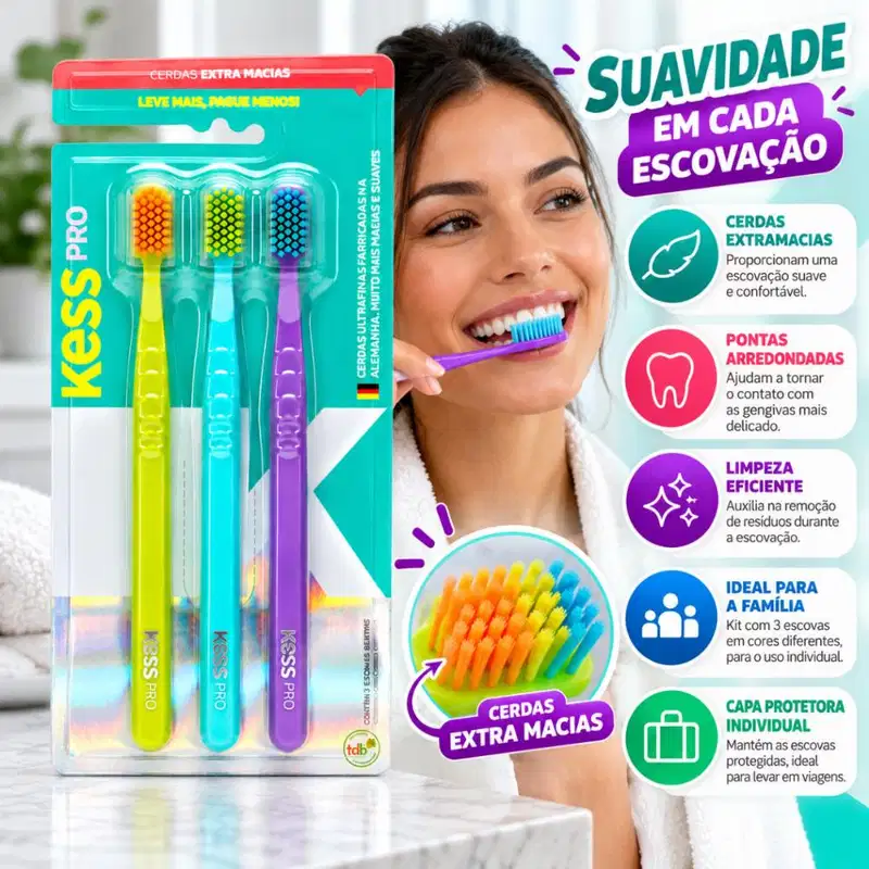 Kit Kess Pro Escova Dental Familia Extra Macia Com 3 Cód.: 2517