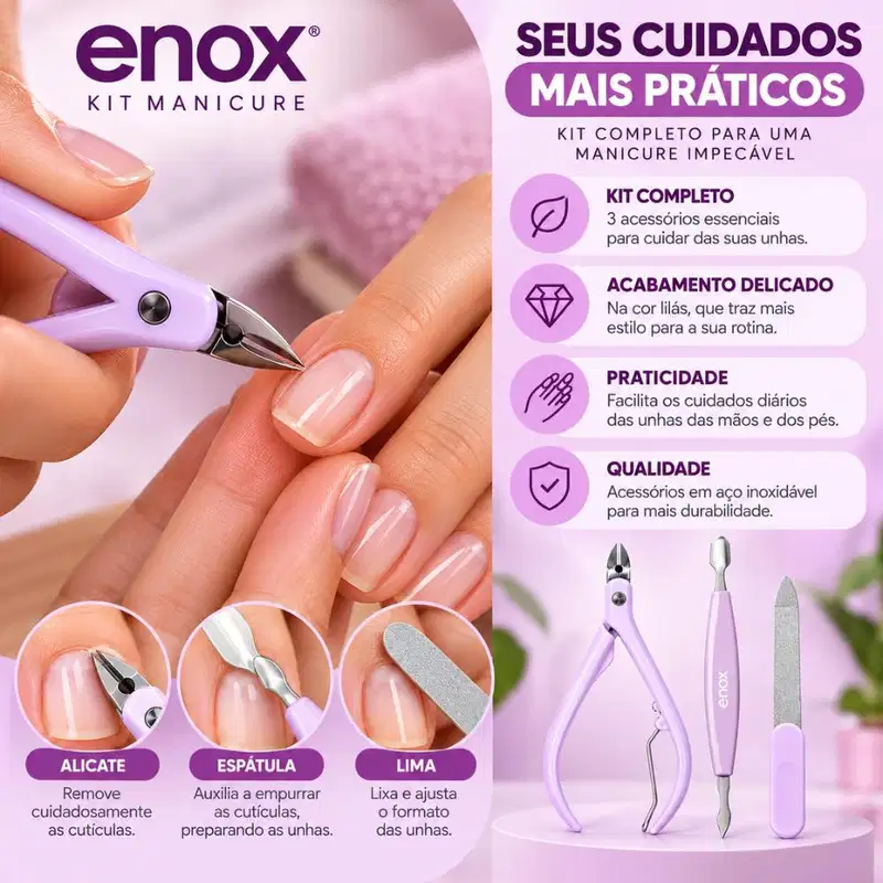 Conjunto De Manicure Enox Aço Inoxidável Alicate, Espátula e Lima Cód.: 2474