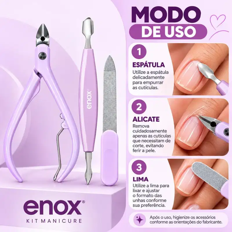 Conjunto De Manicure Enox Aço Inoxidável Alicate, Espátula e Lima Cód.: 2474