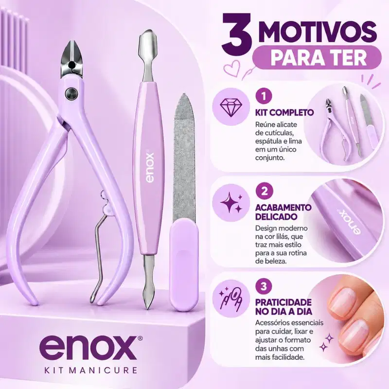 Conjunto De Manicure Enox Aço Inoxidável Alicate, Espátula e Lima Cód.: 2474