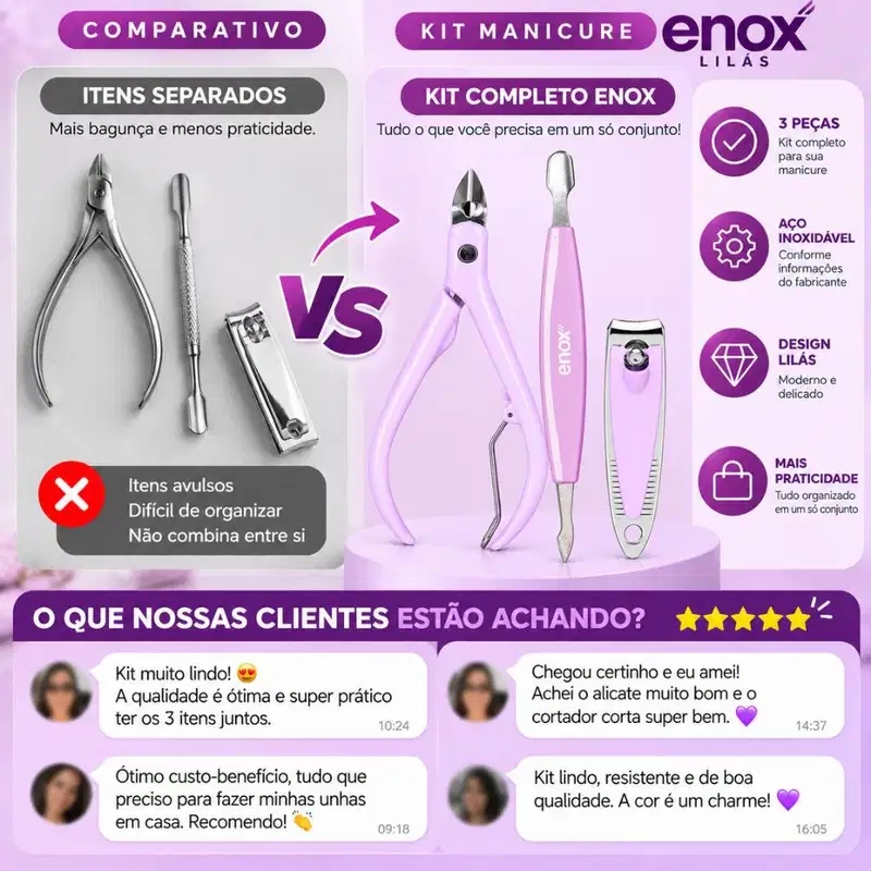 Conjunto De Manicure Enox Aço Inoxidável Alicate, Espátula e Cortador Cód.: 2475