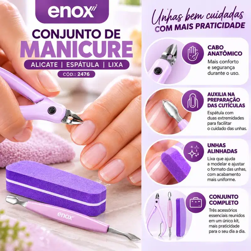 Conjunto De Manicure Enox Aço Inoxidável Alicate, Espátula e Lixa Cód.: 2476