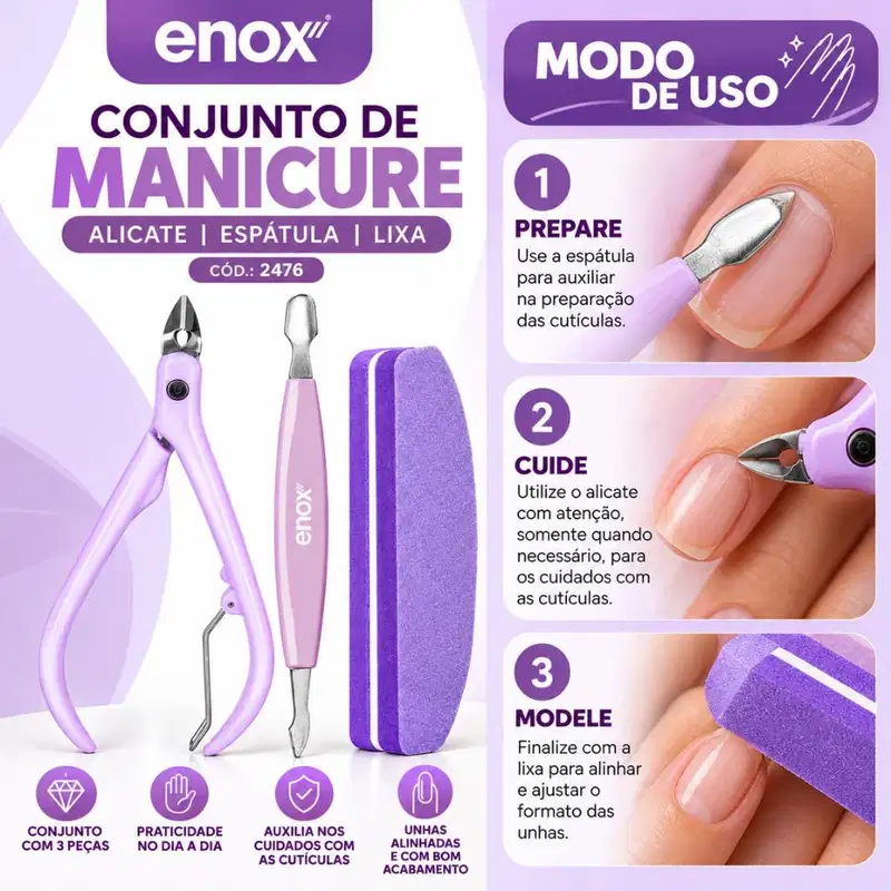 Conjunto De Manicure Enox Aço Inoxidável Alicate, Espátula e Lixa Cód.: 2476