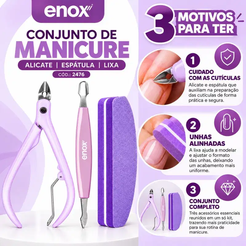 Conjunto De Manicure Enox Aço Inoxidável Alicate, Espátula e Lixa Cód.: 2476