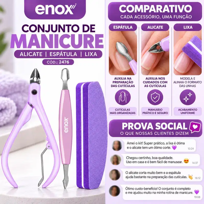 Conjunto De Manicure Enox Aço Inoxidável Alicate, Espátula e Lixa Cód.: 2476