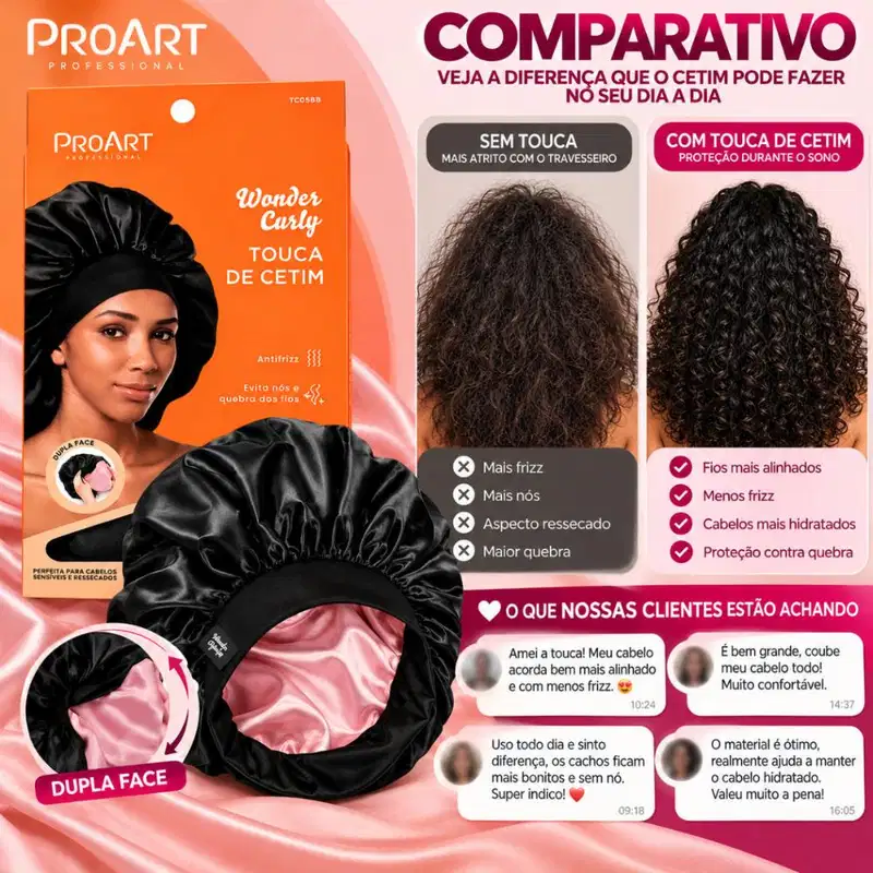 Touca De Cetim Proart Wonder Curly Extra Grande Preta e Rosa Tc05bb