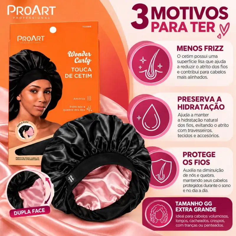 Touca De Cetim Proart Wonder Curly Extra Grande Preta e Rosa Tc05bb
