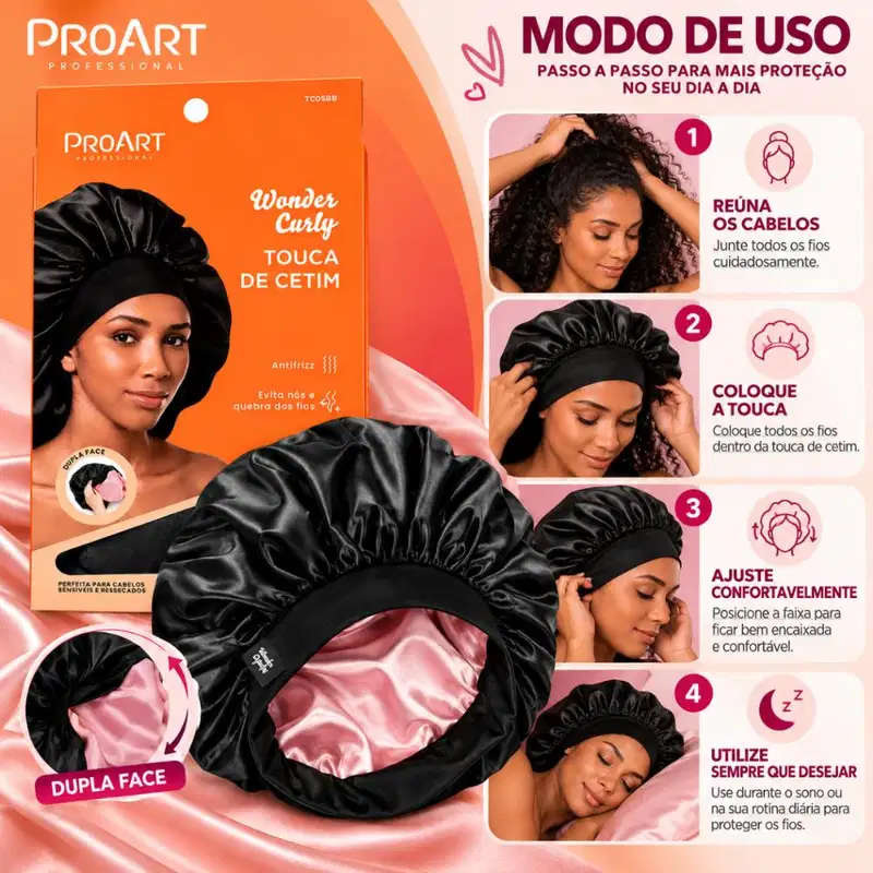 Touca De Cetim Proart Wonder Curly Extra Grande Preta e Rosa Tc05bb