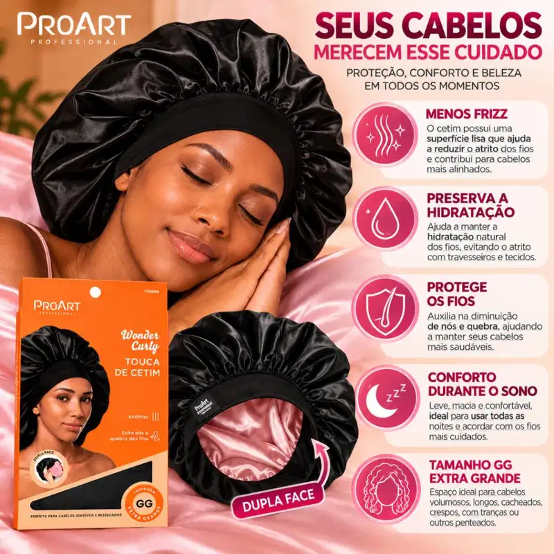 Touca De Cetim Proart Wonder Curly Extra Grande Preta e Rosa Tc05bb