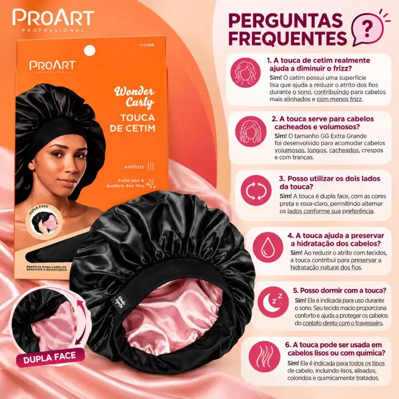 Touca De Cetim Proart Wonder Curly Extra Grande Preta e Rosa Tc05bb