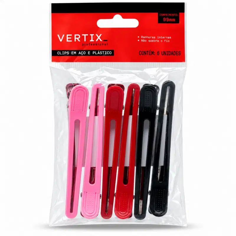 Clips Para Cabelo Vertix Em Aço e Plástico 99mm Com 6 Unidades Cód.: 3190